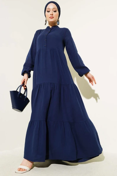 Yarım Düğmeli Hakim Yaka Müslin Elbise Lacivert ürün görseli 1