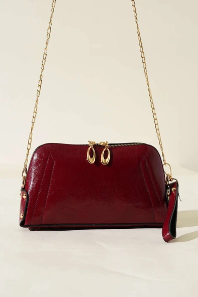 Fermuarlı Zincir Askılı Çanta Bordo - Resim 2