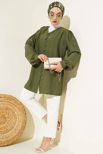 Brit Düğmeli V Yaka Gömlek Haki - Resim 2