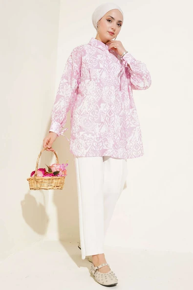 Desenli Bilek Bağcıklı Gömlek Pembe - Resim 2