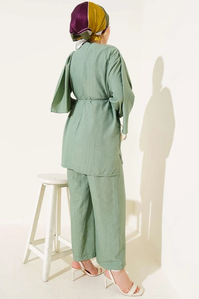 Pelerin Detaylı Tunik İkili Takım Çağla Yeşili - Resim 3