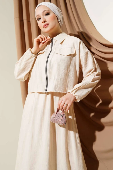 Fermuarlı Lastikli Hırkalı Jile İkili Takım Bej - Resim 2