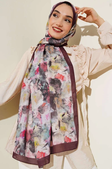 Brush Desen Lina Şal Acı Kahve - Resim 2