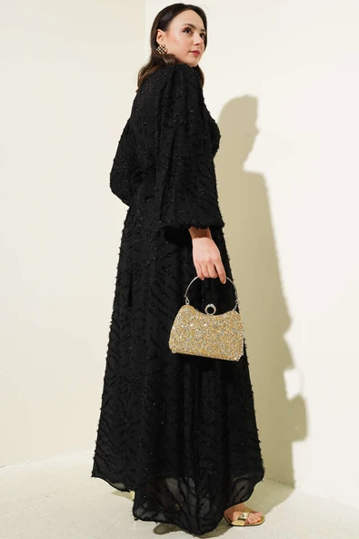 Sim Sakallı Balon Kol Kuşaklı Elbise Siyah - Resim 3