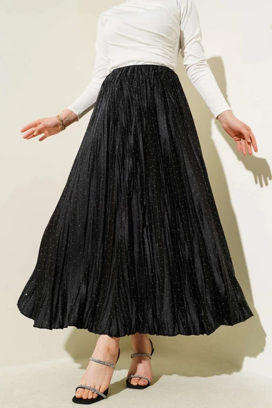 Mini Taşlı Pileli Saten Etek Siyah