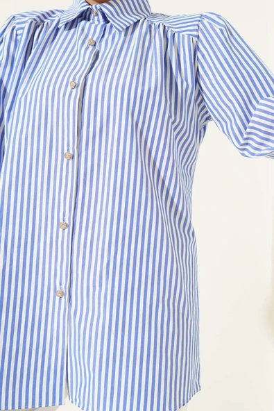 Omuz Büzgülü Çizgili Gömlek Mavi - Resim 4