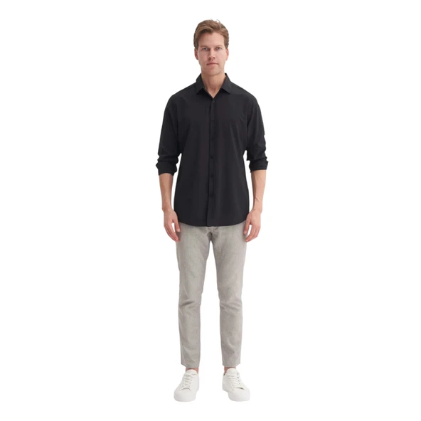 Regular Fit Dokuma Viscon Uzun Kol Gömlek - Resim 10