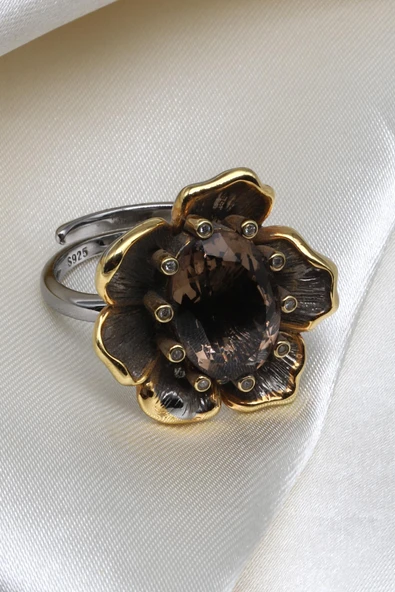 Dumanlı Kuvars Doğal Taş 925 Ayar Gümüş Ayarlanabilir Yüzük ürün görseli