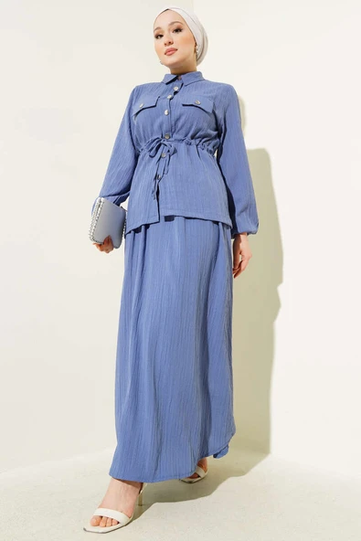 Çıtçıt Düğmeli Bel Tünelli Etekli İkili Takım İndigo ürün görseli 1