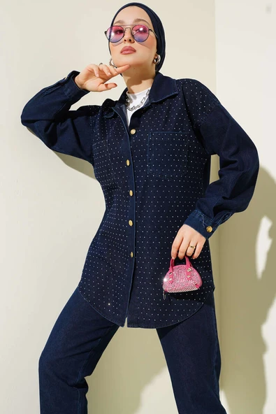 Önü Taşlı Gold Düğmeli Kot İkili Takım Lacivert - Resim 2