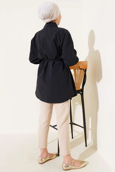 Robalı Balon Kol Kuşaklı Gömlek Siyah - Resim 3