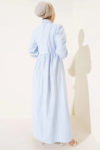 Çizgili Yandan Bağlamalı Elbise Buz Mavisi - Resim 3