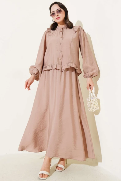 Fırfırlı Düğmeli Etekli İkili Takım Latte ürün görseli 1