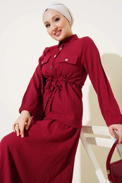 Çıtçıt Düğmeli Bel Tünelli Etekli İkili Takım Bordo - Resim 2