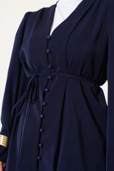 Brit Düğmeli İp Kuşaklı Tunik İkili Takım Lacivert - Resim 4
