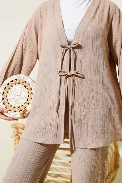 Önü İp Bağcıklı Krinkıl İkili Takım Latte - Resim 4