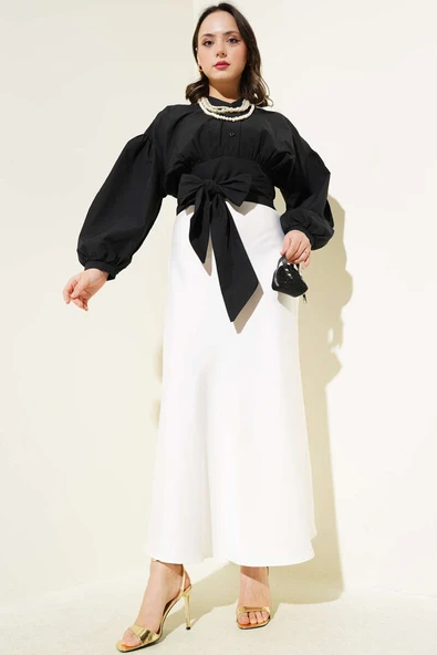 Yarım Düğmeli Bağlamalı Kısa Gömlek Siyah - Resim 2