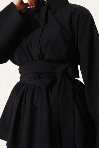 Kuşak Büzgülü Yarım Düğmeli Tunik Siyah - Resim 4