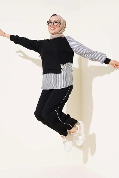 Loyşa Çizgi Garnili Tunik İkili Takım Siyah ürün görseli 1