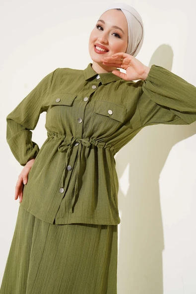 Çıtçıt Düğmeli Bel Tünelli Etekli İkili Takım Haki - Resim 2