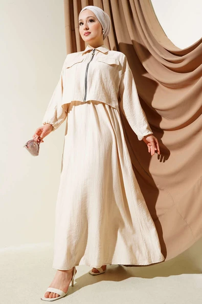 Fermuarlı Lastikli Hırkalı Jile İkili Takım Bej ürün görseli 1