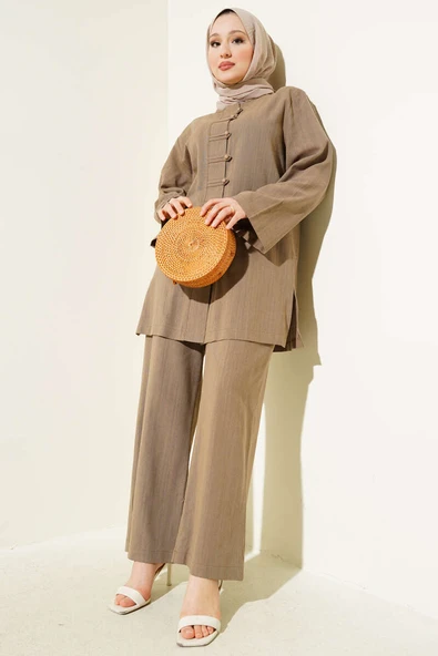 Brit Düğmeli Keten Tunik İkili Takım Vizon ürün görseli 1