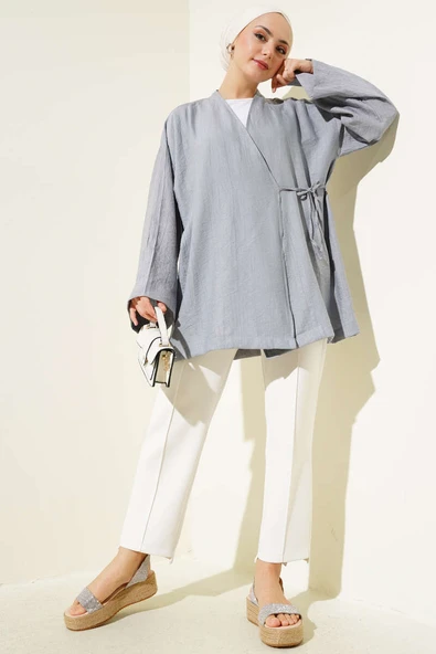 Yandan Çift İp Bağlamalı Kimono Gri - Resim 2