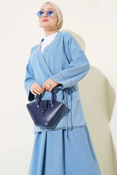 İp Bağlamalı Etekli Kot İkili Takım Açık Kot - Resim 2