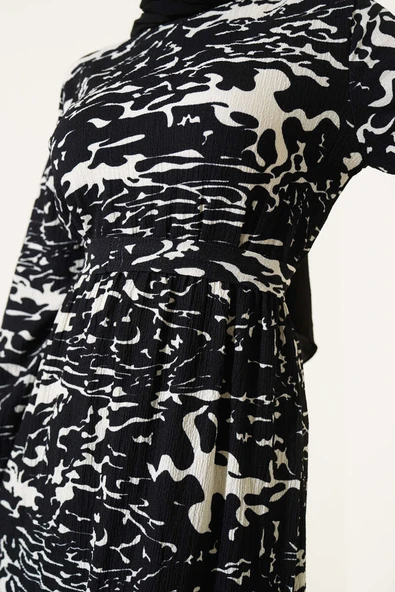 Beli Lastikli Karışık Desen Bürümcük Elbise Siyah - Resim 4