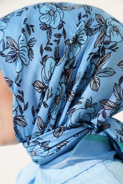 Çiçek Desenli Şeritli Eşarp İndigo - Resim 4