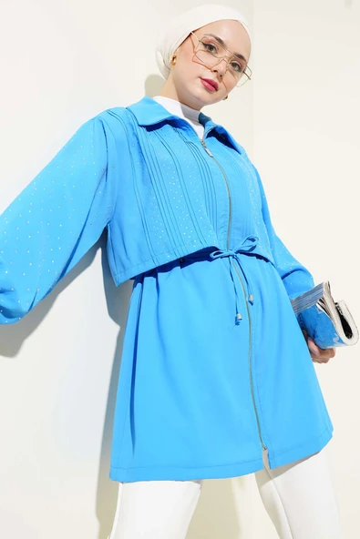 Pelerinli Taşlı Bel Tünelli Kap Mavi ürün görseli 1