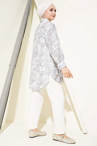 Desenli Bilek Bağcıklı Gömlek Gri - Resim 3