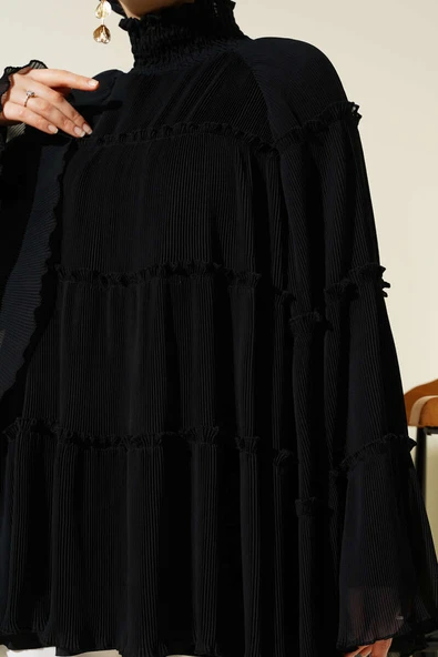 Pliseli Kat Kat Salaş Tunik Siyah - Resim 4