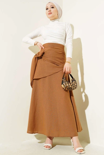 Yandan Bağlamalı Keten Etek  Latte - Resim 2