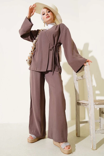 Yandan İp Bağcıklı Kimono İkili Takım Vizon ürün görseli 1