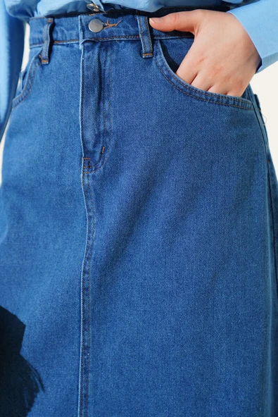 Bel Düğmeli Cepli Kot Etek Kot Mavisi - Resim 4