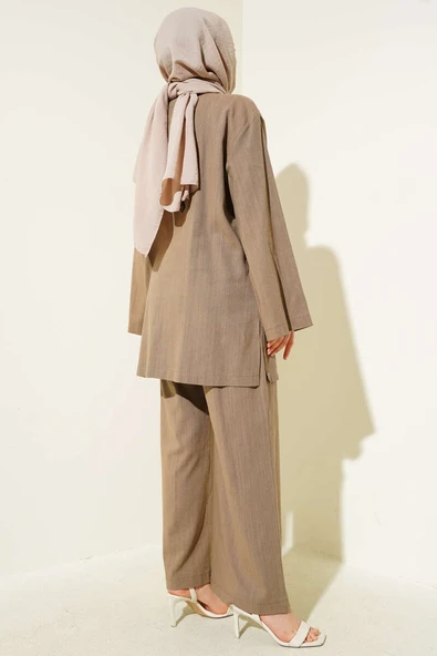 Brit Düğmeli Keten Tunik İkili Takım Vizon - Resim 3
