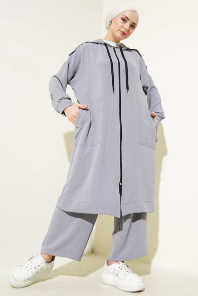 Omuz Apoletli Uzun Hırkalı Ayrobin İkili Takım Gri ürün görseli 1