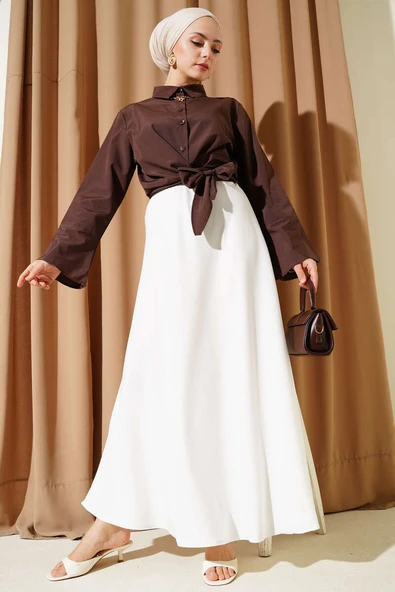 Önden Bağlamalı Kısa Gömlek Kahve - Resim 2