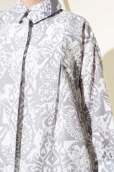 Desenli Bilek Bağcıklı Gömlek Gri - Resim 4