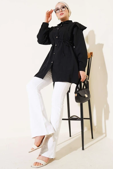 Omuz Fırfırlı Şeritli Kuşaklı Gömlek Siyah - Resim 2