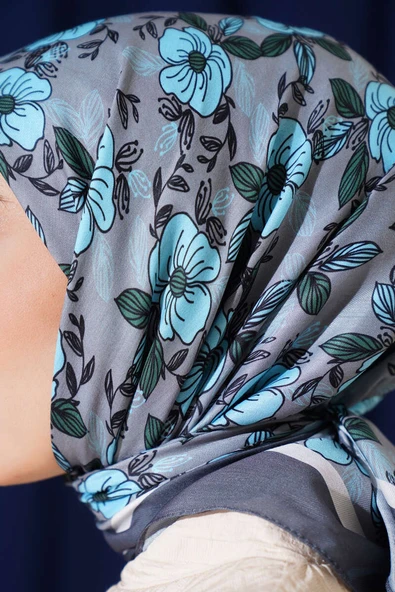 Çiçek Desenli Şeritli Eşarp Füme - Resim 4