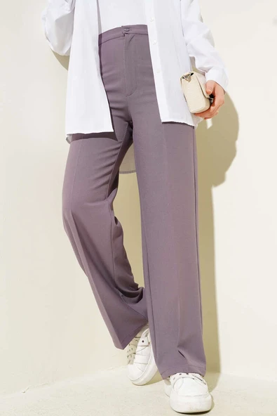 Geniş Paça Düğmeli Kumaş Pantolon Lila - Resim 2
