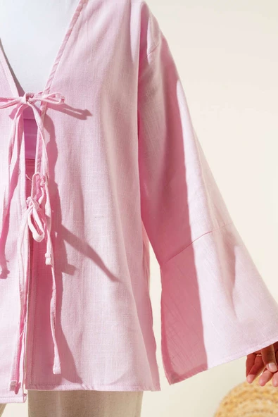 Önü Bağcıklı Geniş Kol Kimono Pembe - Resim 4