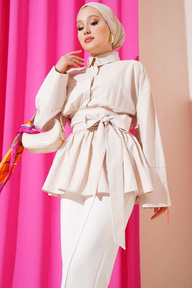 Kuşak Büzgülü Yarım Düğmeli Tunik Bej ürün görseli