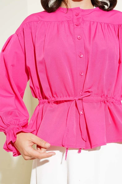 Bilek Lastikli Bel Tünelli Kısa Gömlek Fuşya - Resim 4