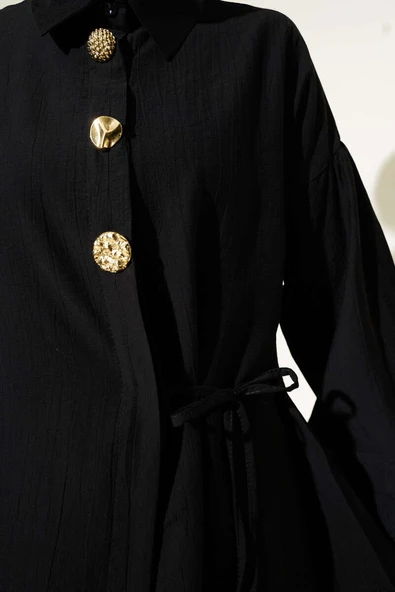 Gold Düğmeli İp Detaylı İkili Takım Siyah - Resim 4