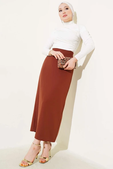 Kapalı Yırtmaçlı Kalem Etek Kahve - Resim 2