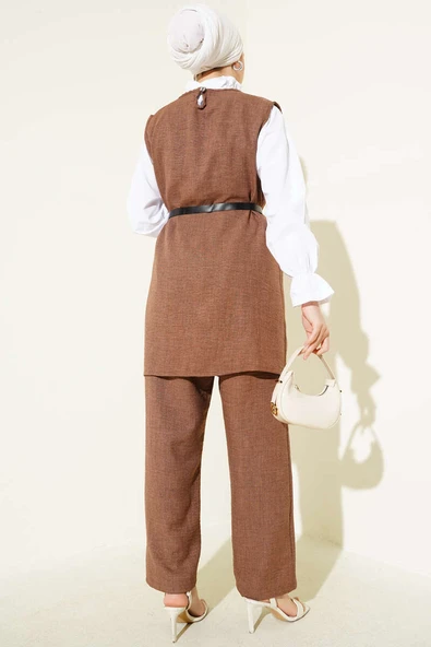 Düğme Detaylı Kemerli Üçlü Takım Kahve - Resim 3