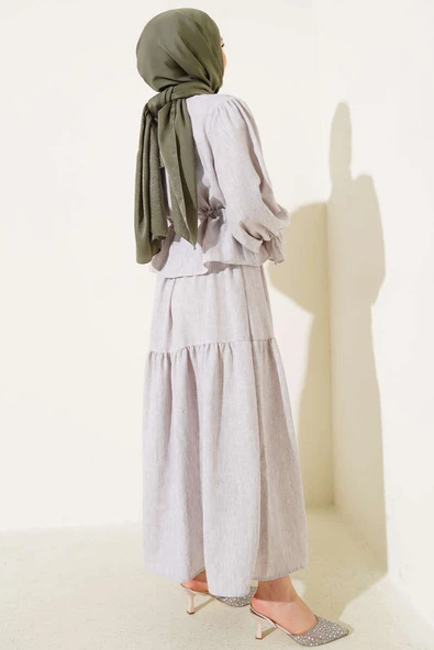 Bel Tünelli Fırfırlı Etekli İkili Takım Gri - Resim 3